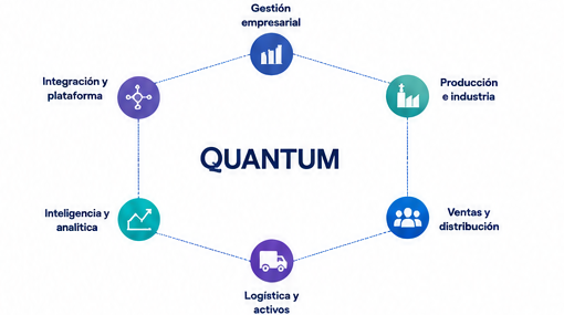 Gestión empresarial, Producción e industria, Ventas y distribución, Logística y activos, Inteligencia y analítica e Integración y plataforma conectadas alrededor de Quantum